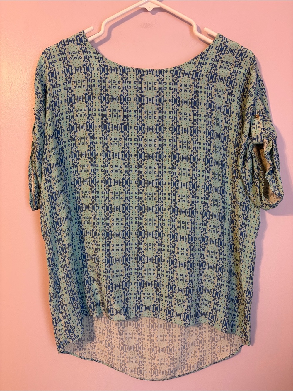 Ellie Kai Vintage Silk Blue Geometric Pattern High Low Blouse Top size 6